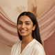 Portrait of a smiling young South Asian woman, with a soft background in warm cream, blush peach, and dusty rose tones.