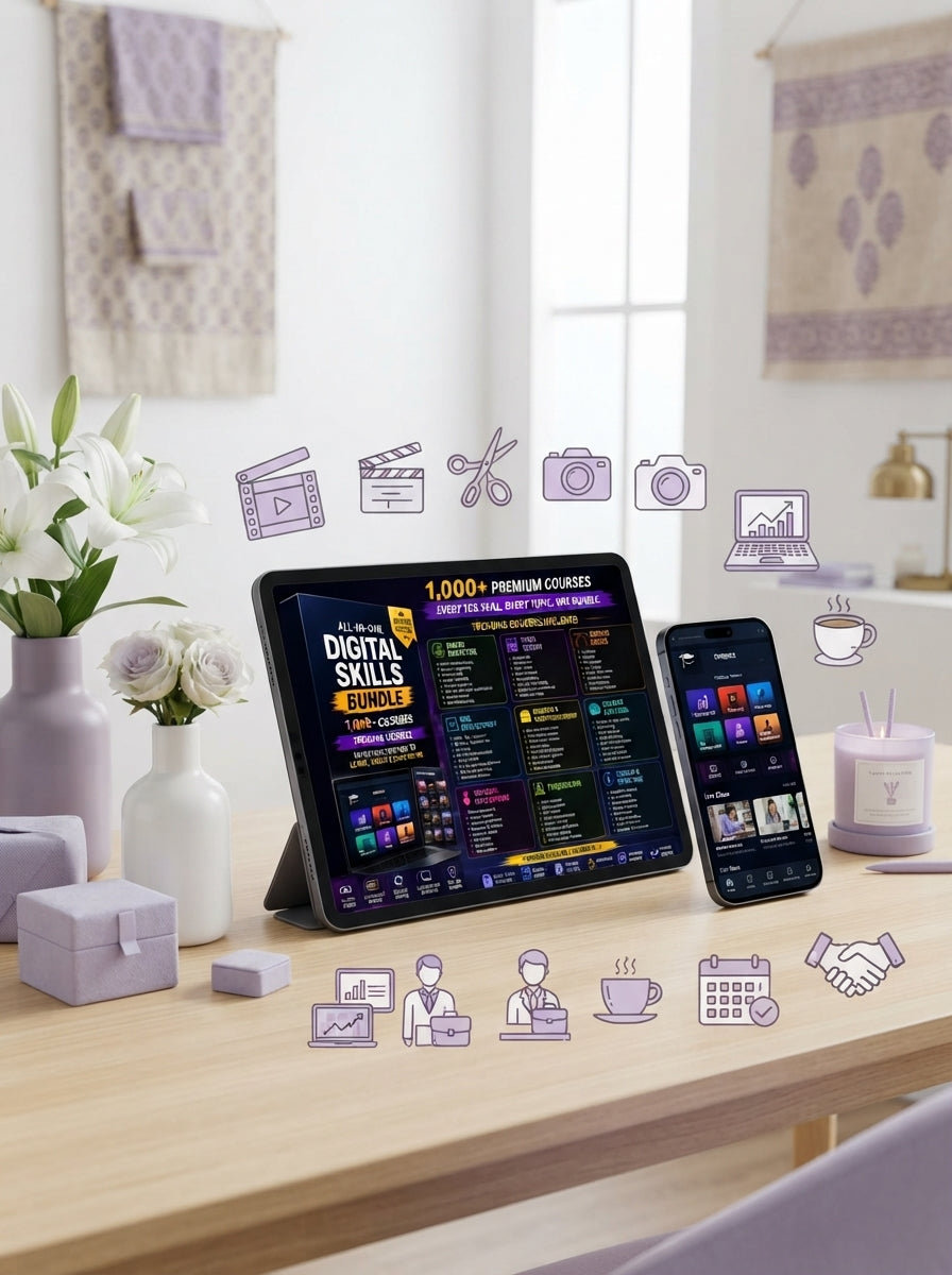 A tablet and smartphone displaying digital learning dashboards on a desk with lavender and white workspace accessories.